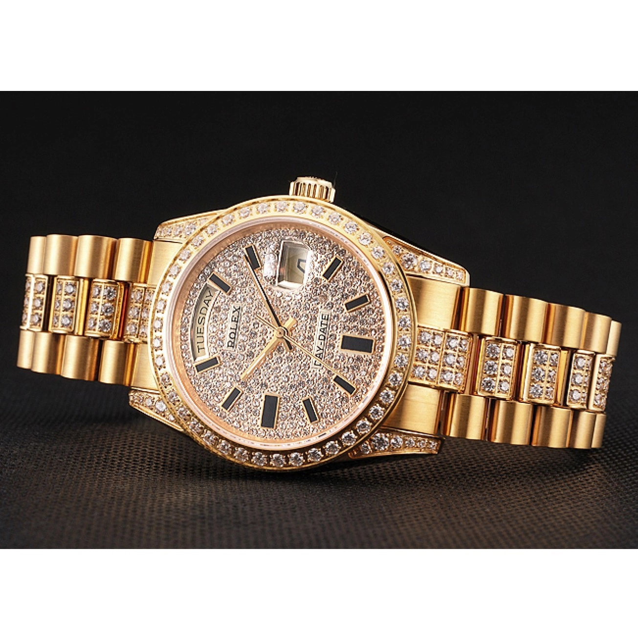 Aaa replica watch Date Yellow Swiss Diamond Gold Pave Day Rolex 0708